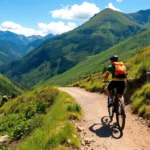 Trek mountain biking adventure through lush green forests and scenic trails in Indonesia.
