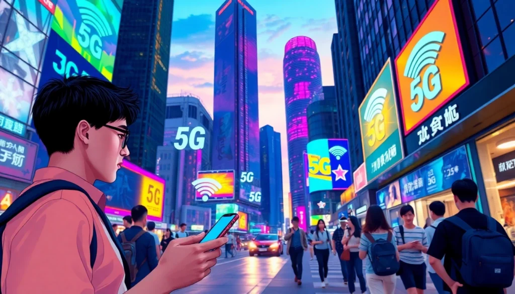 香港繁忙街道,夜晚5G網絡符號與科技元素融合的現代都市景觀