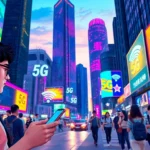 香港繁忙街道，夜晚5G網絡符號與科技元素融合的現代都市景觀