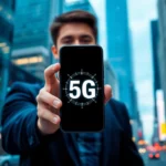 香港繁忙城市背景中，一位年輕專業人士手持手機，展示5G網絡信號，象徵高速連接與未來科技。