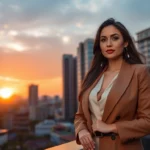 Discreet Bangalore Escort Service featuring a confident, stylish woman in an upscale setting, emphasizing elegance and trust.