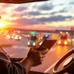 Truckers reviews on a digital platform with a truck driver sharing experiences at a well-lit highway truck stop, emphasizing community insights.