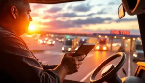 Truckers reviews on a digital platform with a truck driver sharing experiences at a well-lit highway truck stop, emphasizing community insights.