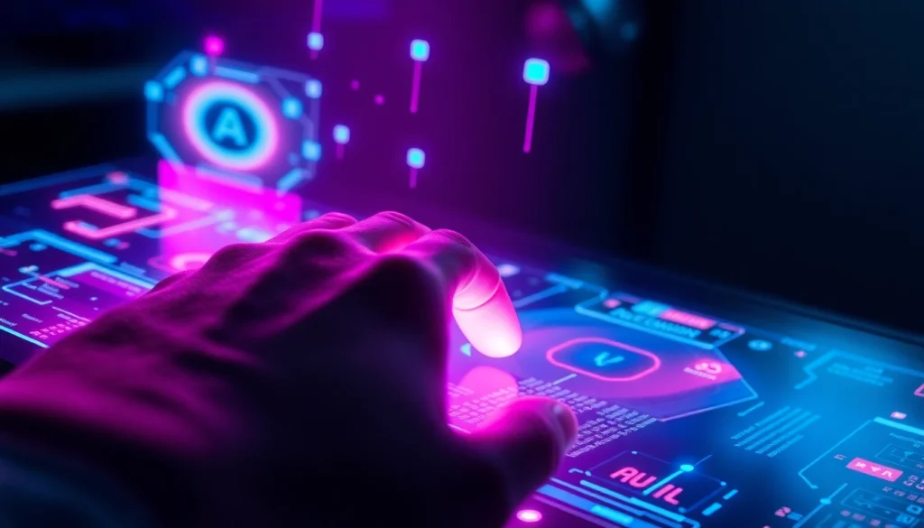 Close-up of a user interacting with a neon-lit AI interface on a digital screen in a modern setting.