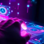 Close-up of a user interacting with a neon-lit AI interface on a digital screen in a modern setting.