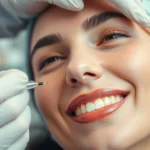 Woman enjoying a Botox Behandlung at a clinic, showcasing enhanced facial features and a relaxed expression.