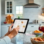 Build my own cookbook by organizing recipes digitally in a vibrant kitchen setting for easy access.