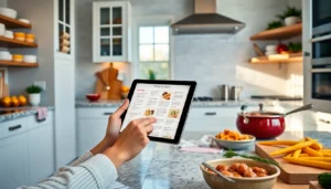 Build my own cookbook by organizing recipes digitally in a vibrant kitchen setting for easy access.