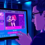 Futuristic AI chat interface with animated characters in a high-tech setting
