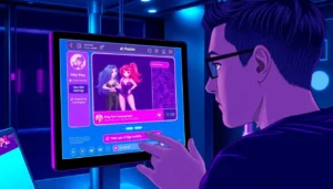 Futuristic AI chat interface with animated characters in a high-tech setting