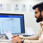 Udyam registration process being completed online by an entrepreneur on a laptop, highlighting ease and official documentation, emphasizing simplicity of MSME registration.
