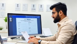 Udyam registration process being completed online by an entrepreneur on a laptop, highlighting ease and official documentation, emphasizing simplicity of MSME registration.
