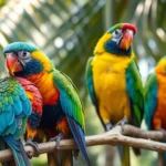 Brightly colored parrots in flight and perched, showcasing their vibrant feathers and playful behavior.