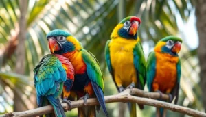 Brightly colored parrots in flight and perched, showcasing their vibrant feathers and playful behavior.