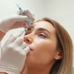 Administering Botox Behandlung to smooth forehead wrinkles in a serene clinic setting.