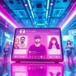 Futuristic virtual social media interface with diverse fandom avatars and holographic chat elements