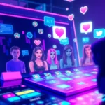 Futuristic digital social media interface with AI avatars and vibrant holographic elements.