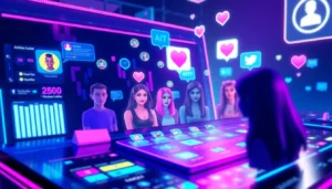 Futuristic digital social media interface with AI avatars and vibrant holographic elements.