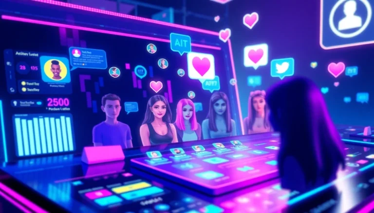 Futuristic digital social media interface with AI avatars and vibrant holographic elements.