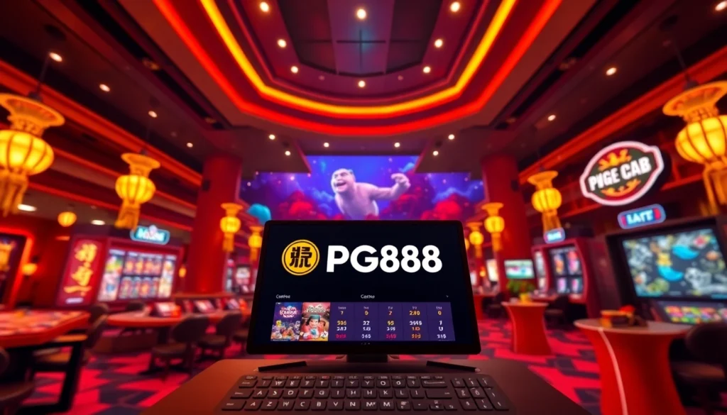 Hình ảnh nền casino trực tuyến của nhà cái PG88 với giao diện hiện đại, hoạt hình sôi động, thể hiện uy tín và đa dạng trò chơi cá cược.
