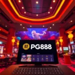 Hình ảnh nền casino trực tuyến của nhà cái PG88 với giao diện hiện đại, hoạt hình sôi động, thể hiện uy tín và đa dạng trò chơi cá cược.