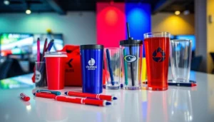 Variety of branded promotional products in Louisville, including pens, drinkware, and apparel, displayed for business branding and marketing.