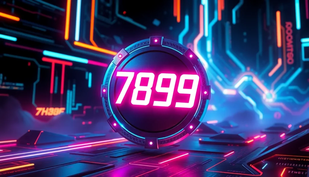 Dynamic 789f.monster branding with glowing neon logo in a high-tech digital environment, emphasizing innovation and modernity for screen readers.
