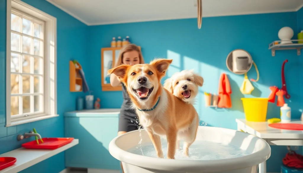 Friendly dog enjoying a bath at a local dog wash near me with vibrant colors and joyful atmosphere.