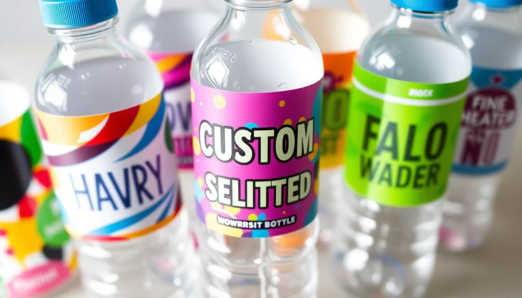 Custom water bottle labels being applied to bottles with colorful, waterproof designs for events and branding, showcasing durability and personalization.