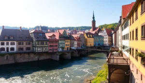 Saalfeld's picturesque townscape featuring colorful architecture along the Saale River for an engaging visual experience.