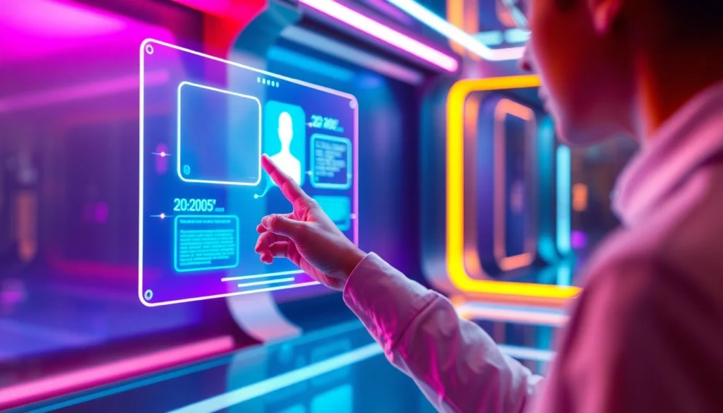 Futuristic scene of a person interacting with a holographic AI chatbot interface in a high-tech environment.