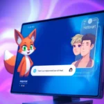 Futuristic AI chat interface with animated character avatars in a neon-lit digital environment.