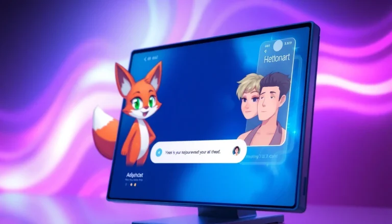 Futuristic AI chat interface with animated character avatars in a neon-lit digital environment.