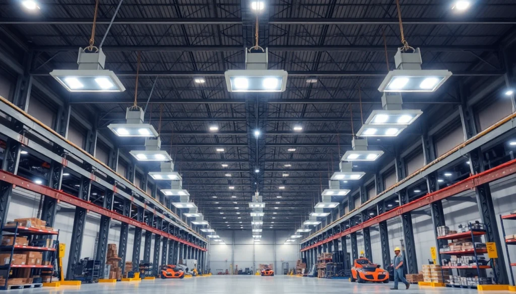 Moderne LED-Beleuchtung in einer Industriehalle, helle und gleichmäßige Ausleuchtung, effiziente Lichttechnik