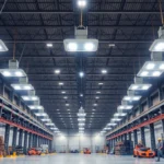 Moderne LED-Beleuchtung in einer Industriehalle, helle und gleichmäßige Ausleuchtung, effiziente Lichttechnik