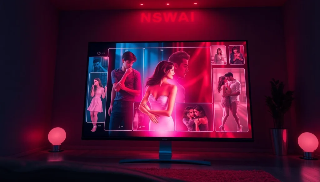 Futuristic AI interface showcasing expressive, intimate character visuals in a dimly lit room
