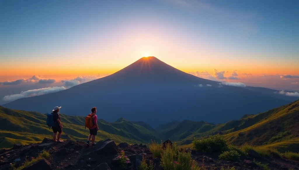 Hikers overlooking Mount Rinjani at sunrise with lush green landscape and volcanic summit