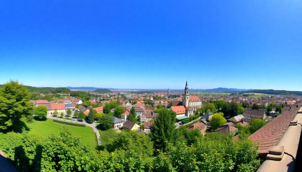 Saalfeld's picturesque town skyline with historic buildings and surrounding nature, ideal for a vacation backdrop.