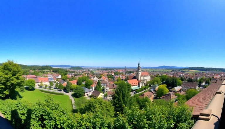 Saalfeld's picturesque town skyline with historic buildings and surrounding nature, ideal for a vacation backdrop.