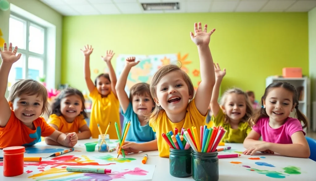 Engaging My Color School activity with vibrant colors and children creating art in a lively classroom setting for educational fun.