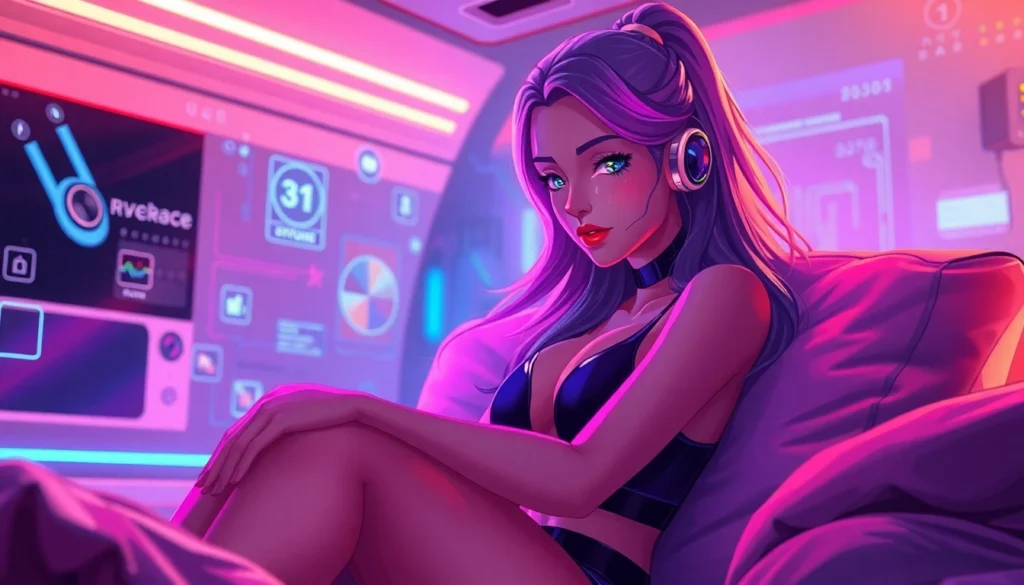 Futuristic virtual environment with an expressive AI character in a cozy, neon-lit setting