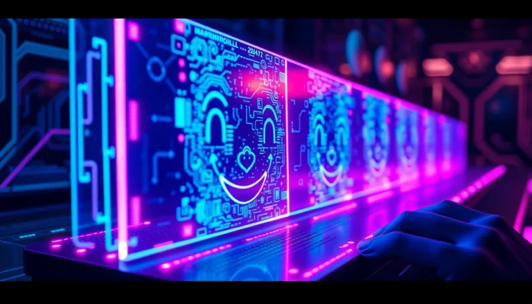 Futuristic AI interface with holographic visuals in neon colors, reflecting a high-tech, immersive environment.