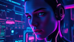 Futuristic AI character interface with neon lighting and digital textures, evoking immersive NSFW AI interaction