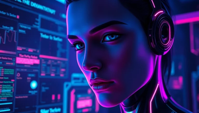 Futuristic AI character interface with neon lighting and digital textures, evoking immersive NSFW AI interaction