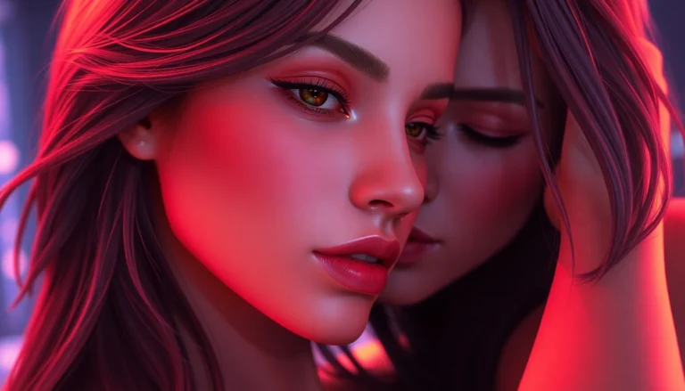A detailed digital scene of an intimate AI roleplay interaction, highlighting expressive character visuals and vibrant colors.