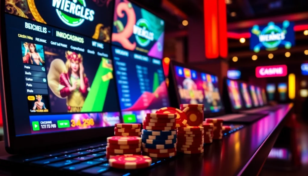 Online casino not on GamStop scene with digital screens and betting chips, emphasizing unrestricted UK gambling options.