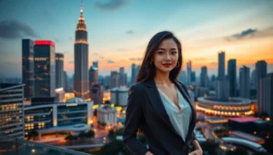 KL escort girl confidently walking in Kuala Lumpur city at night, showcasing elegance and charm for premium escort services.