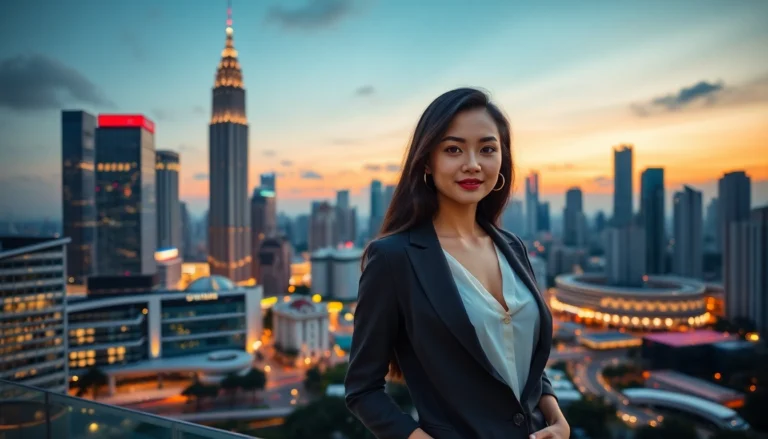 KL escort girl confidently walking in Kuala Lumpur city at night, showcasing elegance and charm for premium escort services.