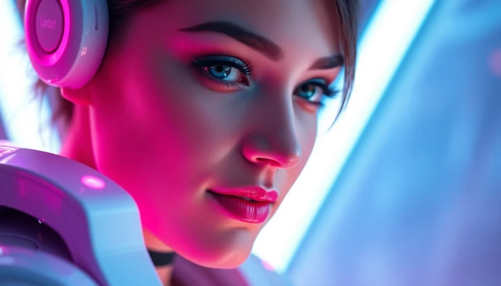 The ai girlfriend visual interface showcasing a realistic virtual partner with customizable features in a high-tech setting, inviting user engagement.