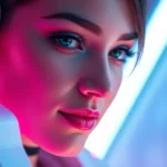 The ai girlfriend visual interface showcasing a realistic virtual partner with customizable features in a high-tech setting, inviting user engagement.